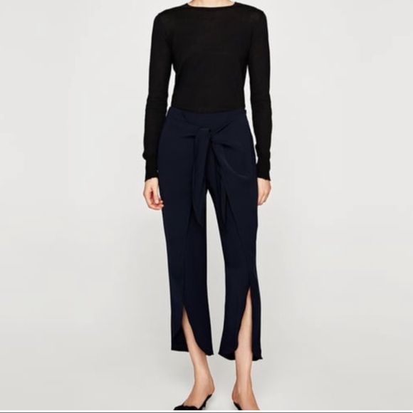 Zara Trousers with Front Knot Navy Blue Slit Front - Picture 2 of 2